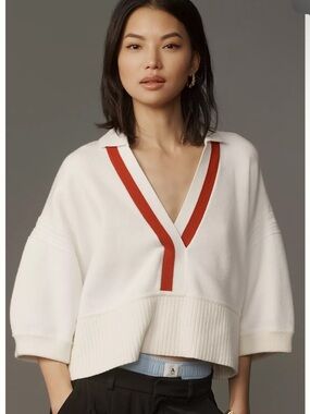 Anthropologie Maeve Elbow-Sleeve Compact Collared V-Neck Sweater Cream Red XS
